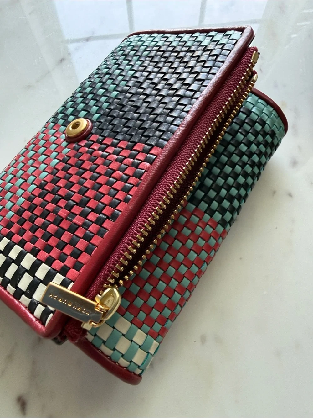 Tory Burch Woven Checker Compact Wallet - Red, Teal & Black